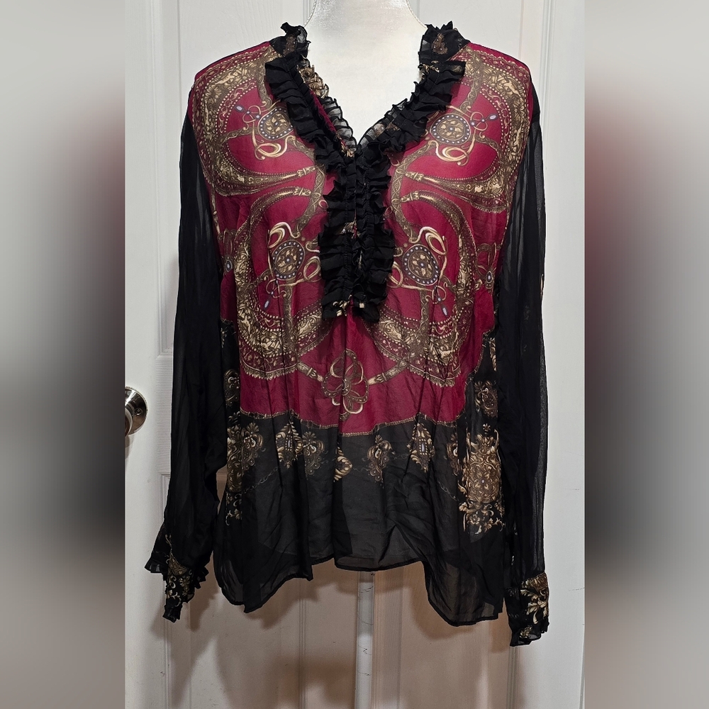 Lane Bryant Red Black Gold Sheer Silk Blouse